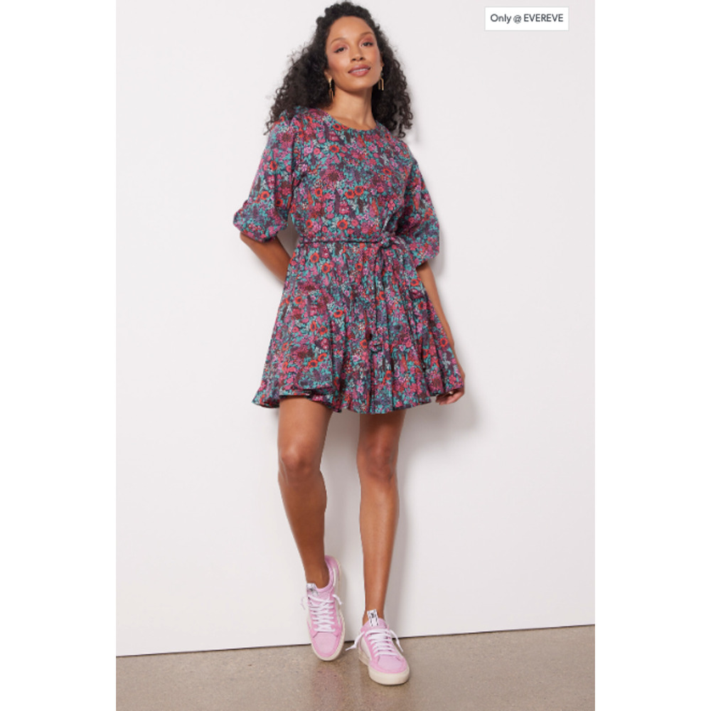 EVEREVE NWT Sutton Cotton Tie Waist Long Sleeve Floral Dress // M